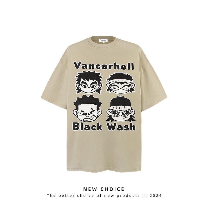 American vintage street T-shirt cartoon character print men loose half sleeve