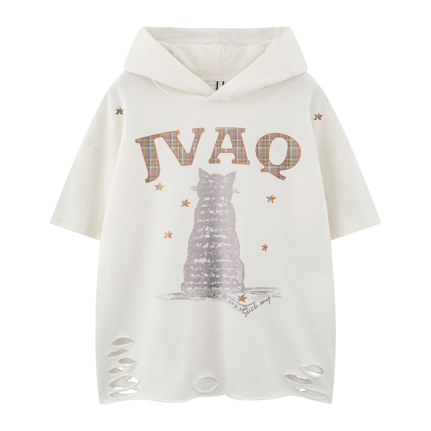 Distorted vintage hooded short-sleeved t-shirt summer loose ripped top