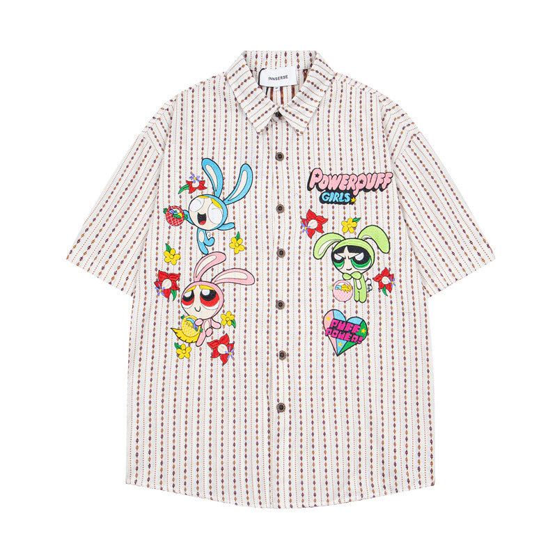 Y2K mens shirt retro loose leather-lined rabbit print casual short sleeve