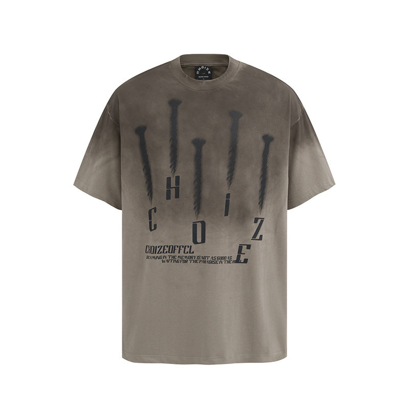 Vintage Usa Shirt Retro Iron Nail Print gradual change washed do old short sleeve T-shirt