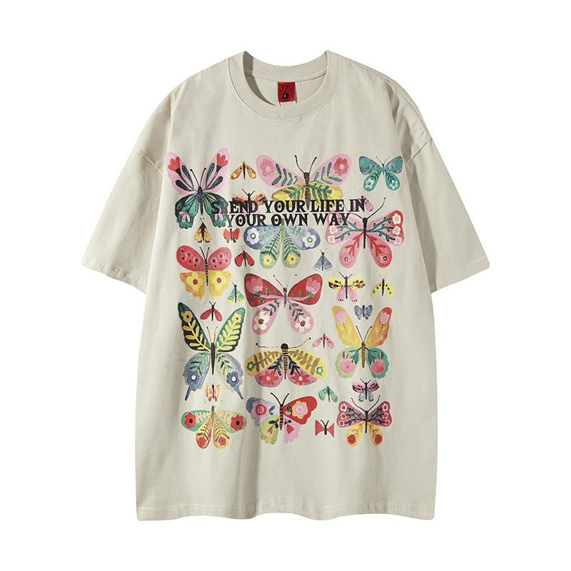Nostalgia T Shirts Butterfly Print Short Sleeve T-Shirt Hip Hop Loose Crew Neck T-Shirt