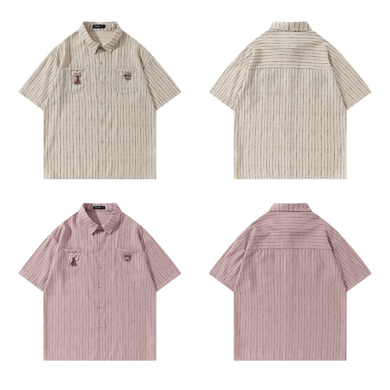 Y2K mens shirt vintage striped tie casual short-sleeved shirt
