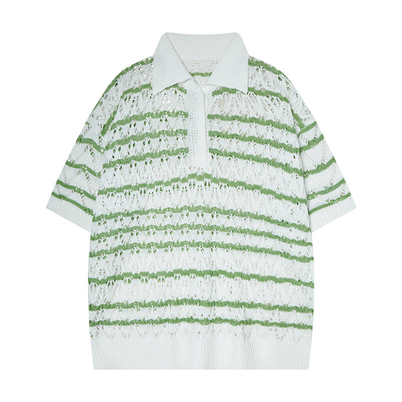 Nyc 1990 Shirt Summer Vintage Striped Knitted Hollow POLO Shirt Lapel