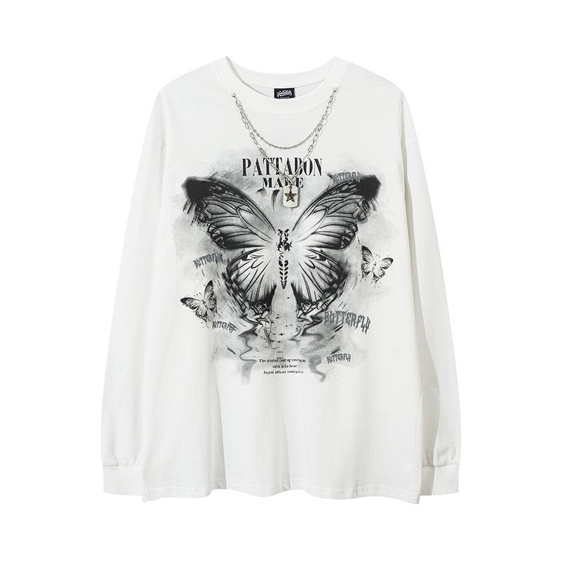 Marcas De Streetwear Butterfly Print Necklace Sweater Loose Long Sleeve T-Shirt