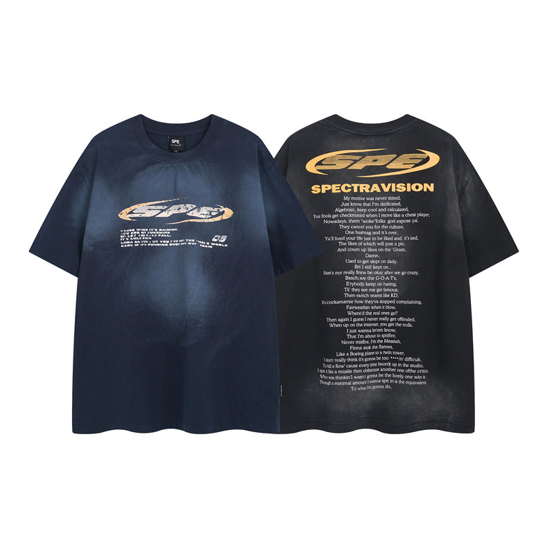 Y2K mens shirt washed tie-dye spray-painted letters hip-hop retro waste crew neck men's short-sleeved T