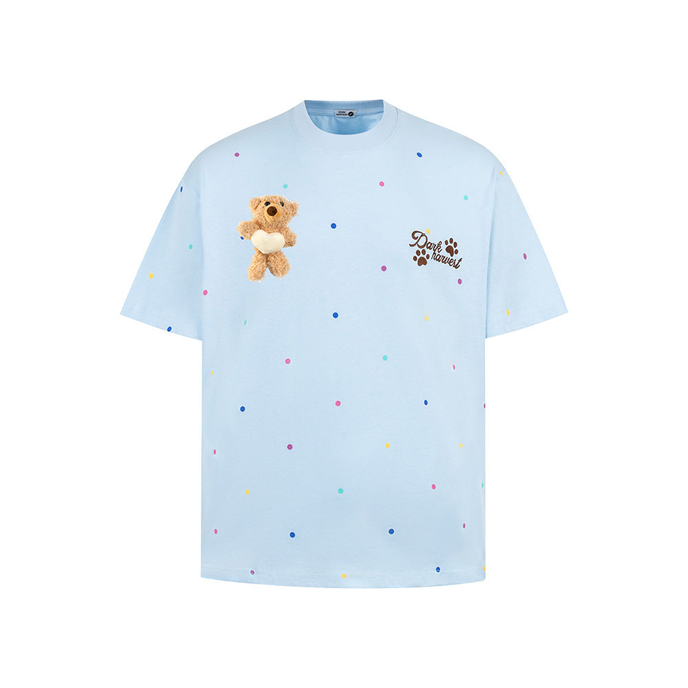 Nostalgia T Shirts Cartoon 3D Bear Doll Embroidered Loose Casual T-Shirt