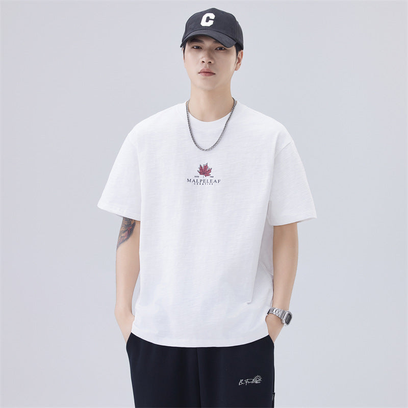 Men T-shirts Summer Short Sleeve Loose Maple Print Top