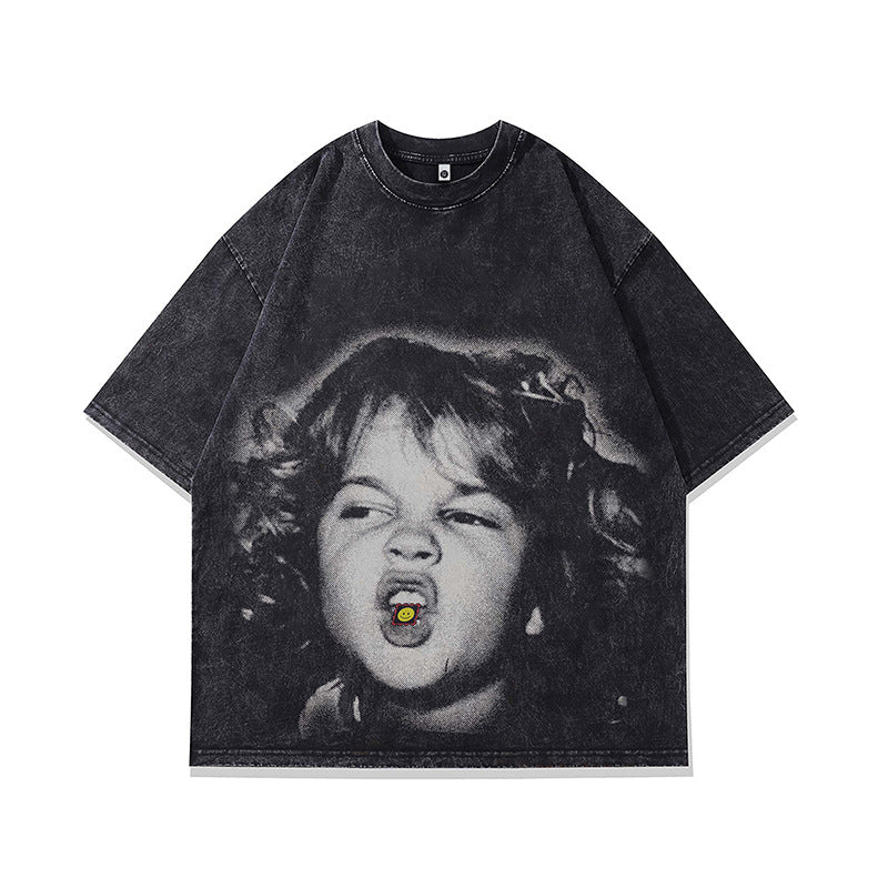 Ropa Vintage Hombre Vintage Portrait Print Crew Neck Washed Tops