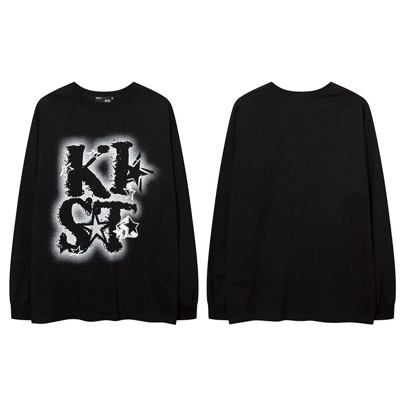 Vintage T Shirts Hip Hop Letter Print Loose Casual Long Sleeve T-Shirt