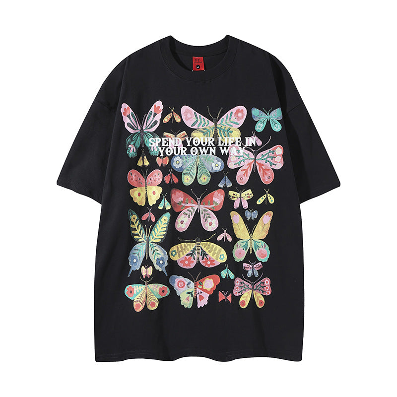 Nostalgia T Shirts Butterfly Print Short Sleeve T-Shirt Hip Hop Loose Crew Neck T-Shirt