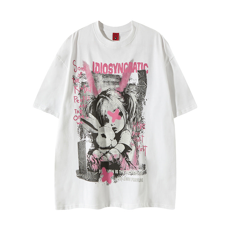 Nyc T Shirt Vintage Washed Cartoon Rabbit Short Sleeve T-Shirt Summer Loose Casual Top