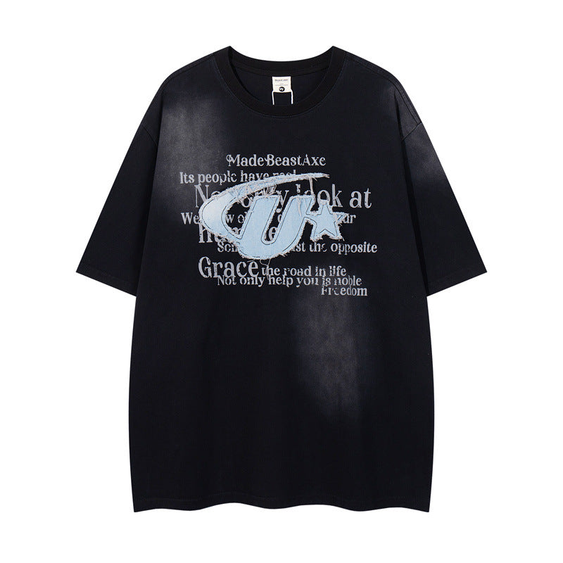 Y2K mens shirt retro printed washed old short sleeve T-shirt