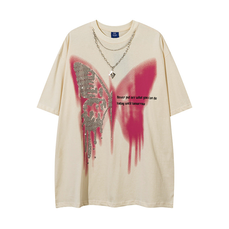 60s Style T Shirts Summer Butterfly Print Necklace T-Shirt Short Sleeve