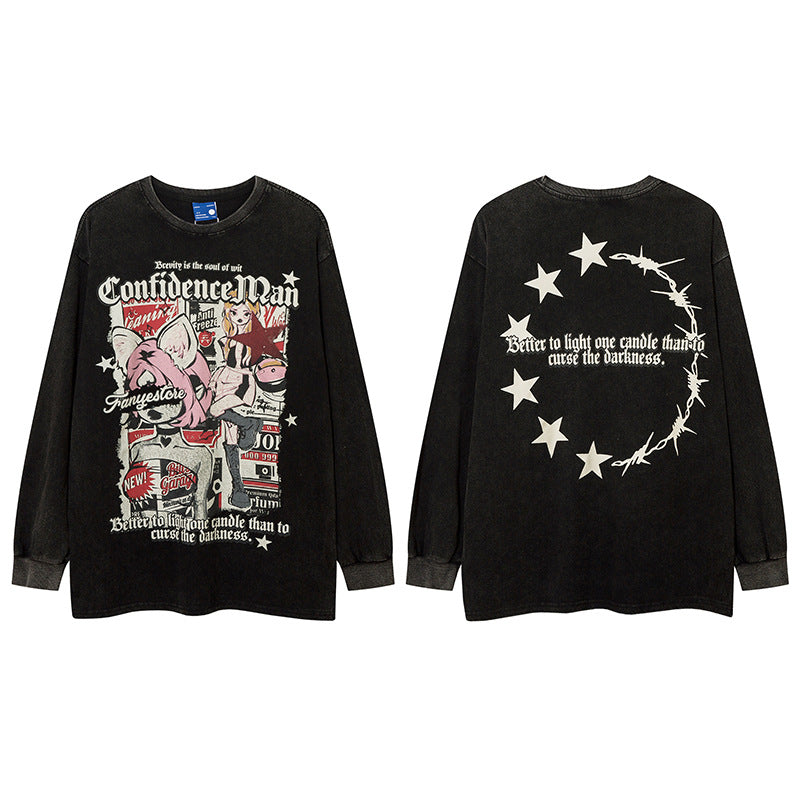 Vintage T Shirts Hip Hop Vintage Cartoon Washed Old Long Sleeve T-Shirt Oversize Loose