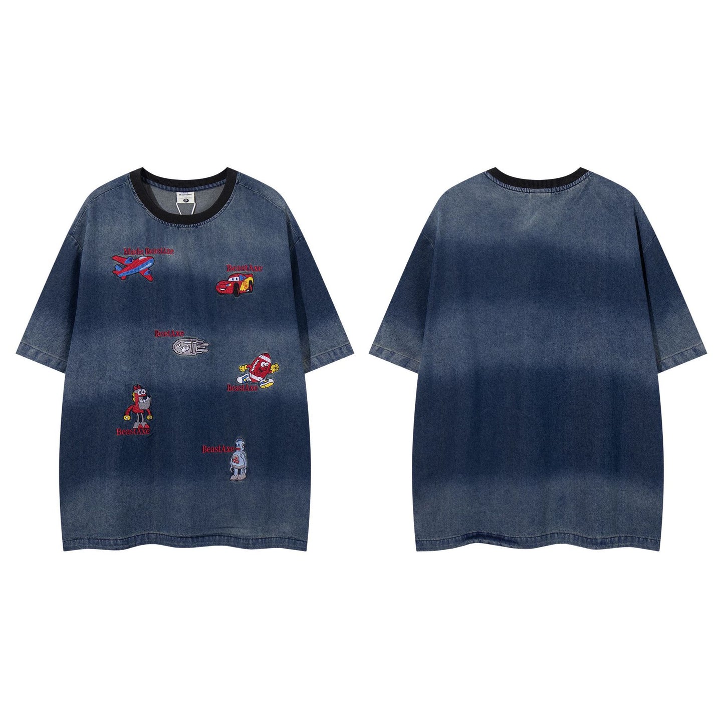 60s Style T Shirts Spring Vintage Cartoon Embroidery Washed Denim Short Sleeve T-Shirt