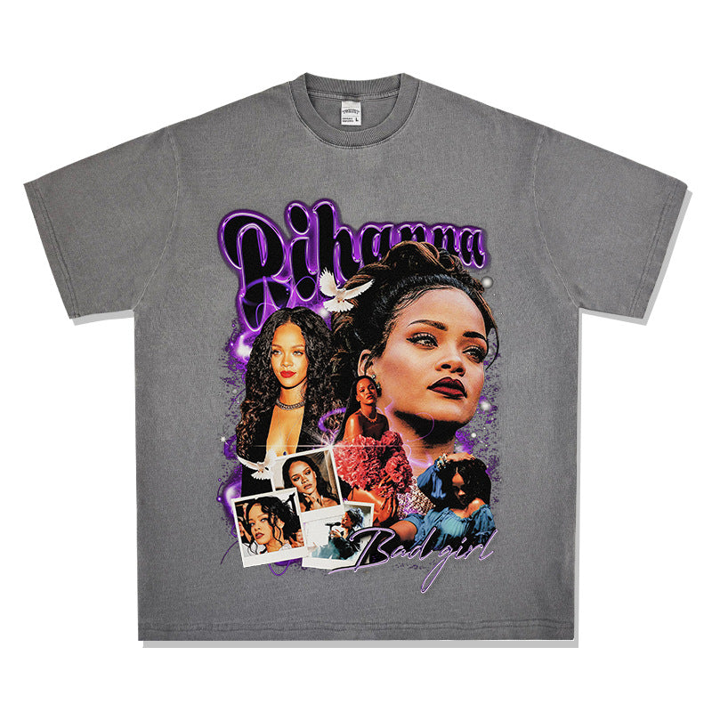 Streetwear masculino hip hop vintage Rihanna print short sleeve t-shirt VINTAGE