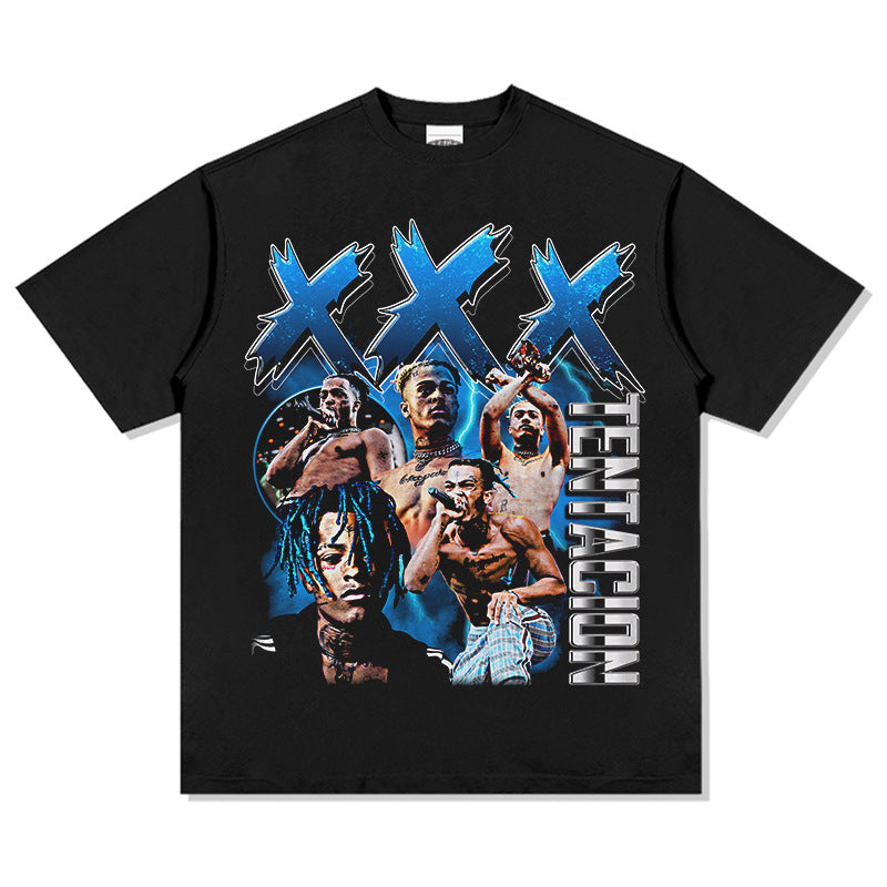 Streetwear masculino vintage hip hop rap XXX Tentacion print short sleeve t-shirt