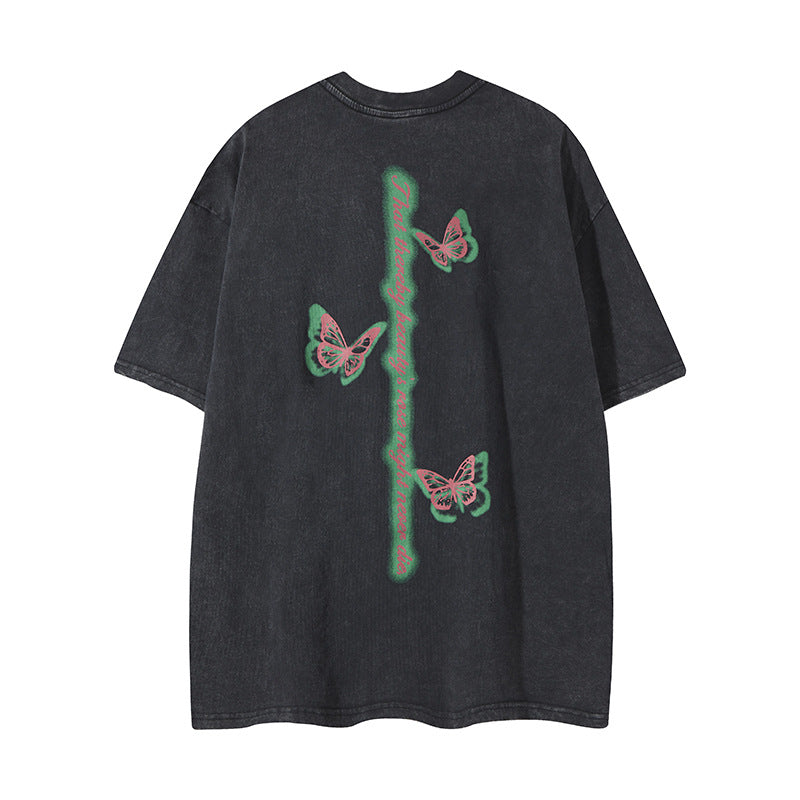 Camisas Retros Butterfly Print Short Sleeve Casual Loose Sports T-Shirt