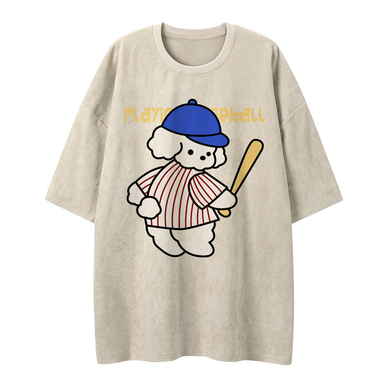 US drip outfits Summer Vintage Puppy Cartoon Baseball Casual Loose Short Sleeve T-Shirts