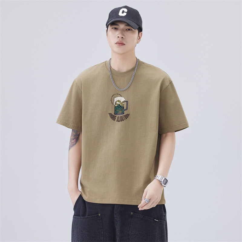 Men T-shirts Summer Loose Printed Bottom Shirt Short Sleeve