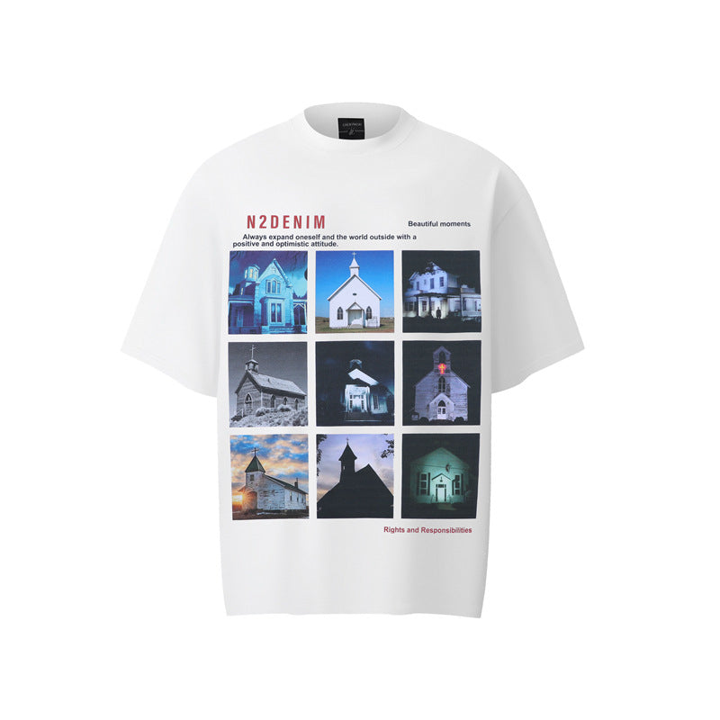 Stone Wash T shirt Building Print Short Sleeve T-Shirt