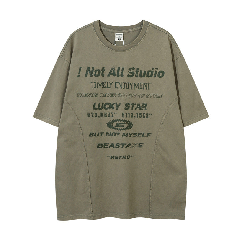Y2K mens shirt washed splicing alphabet hip hop retro short sleeve t-shirt