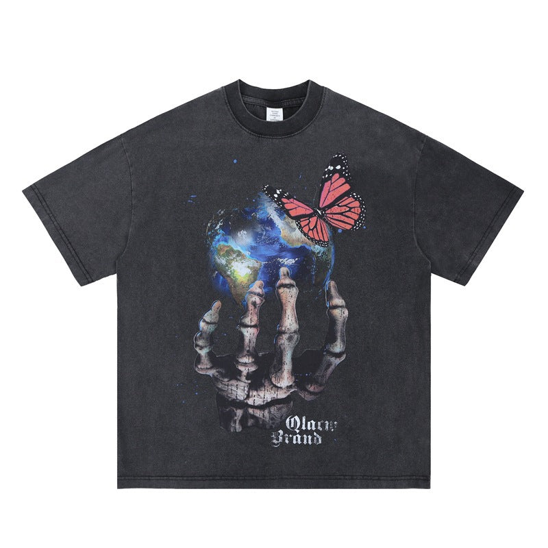 Vintage College Shirts Summer Skull Hand Print Crew Neck Short Sleeve T-Shirt