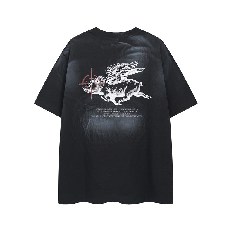 Y2K mens shirt retro loose round neck men's short sleeve T-shirt