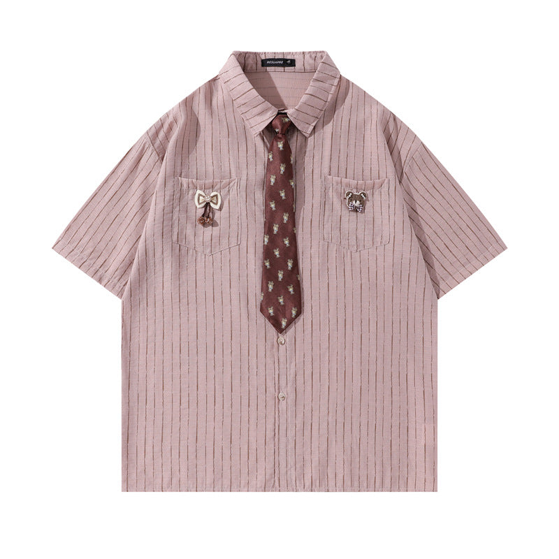 Y2K mens shirt vintage striped tie casual short-sleeved shirt