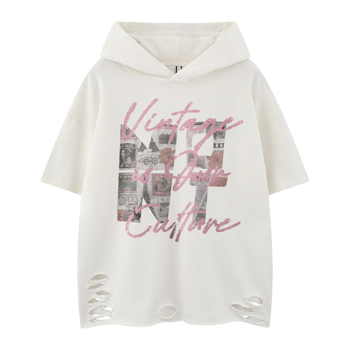 Distorted vintage hooded short-sleeved t-shirt summer loose top