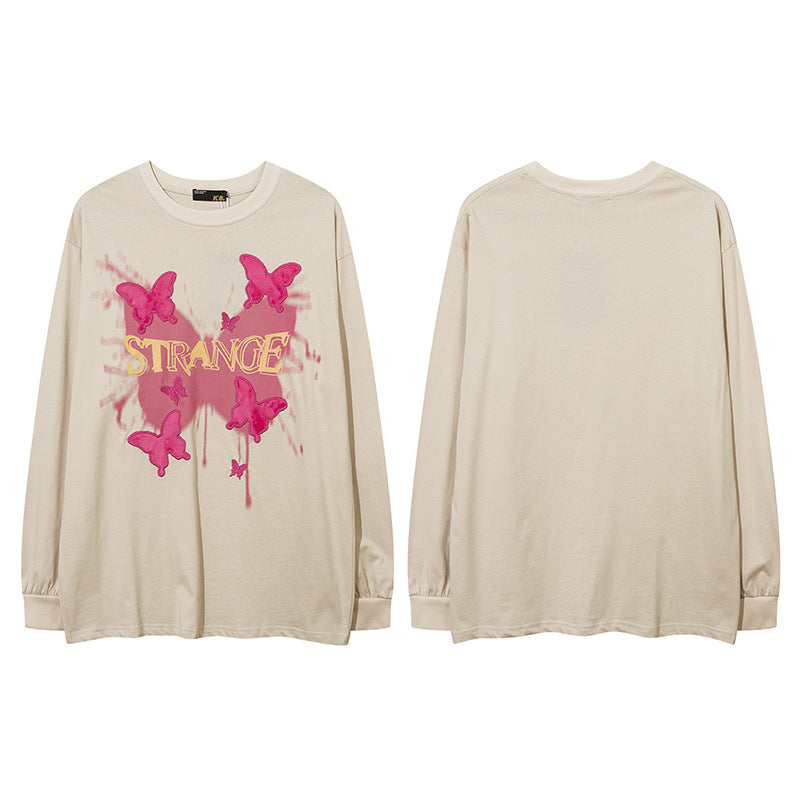 Vintage T Shirts Hip Hop Butterfly Patch Embroidered Long Sleeve T-Shirt