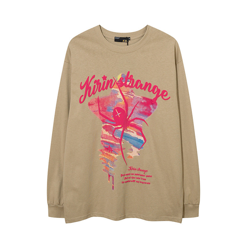 Vintage T Shirts Hip Hop Vintage Spider Foam Print Long Sleeve T-Shirt