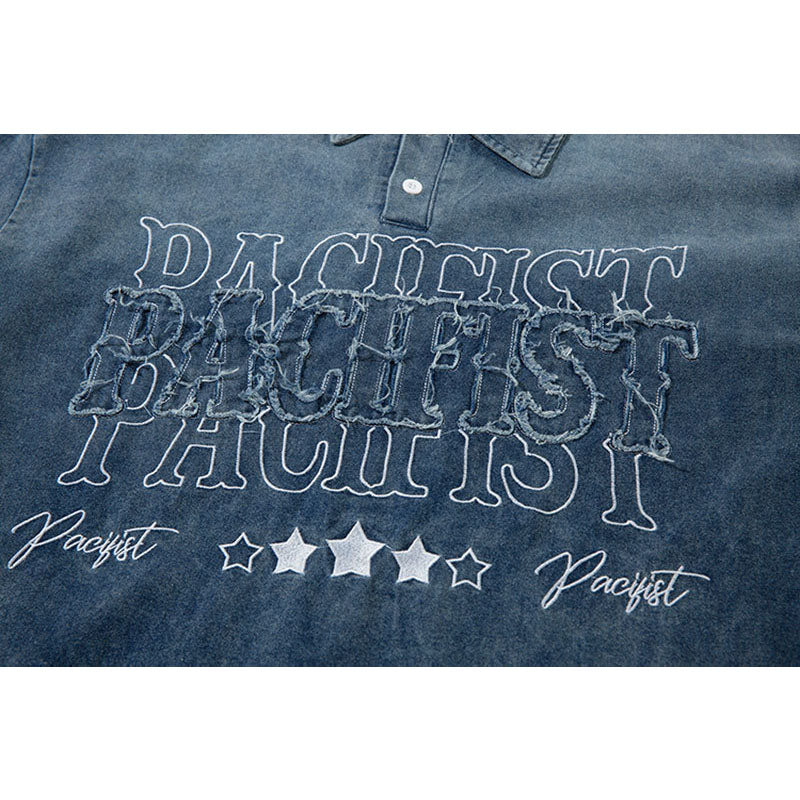Marcas De Streetwear Washed Denim POLO Vintage Embroidered Lapel Sweater