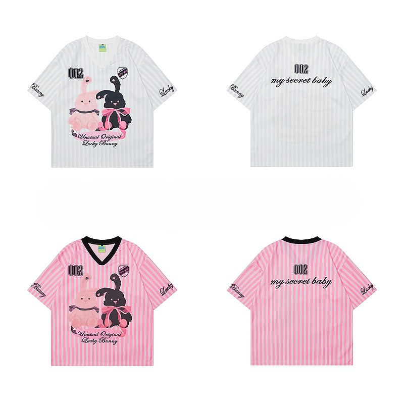 90s West Coast Hip Hop Fashion T Shirts Fun Rabbit Print Jersey Loose Sports Short Sleeve T-Shirt Men