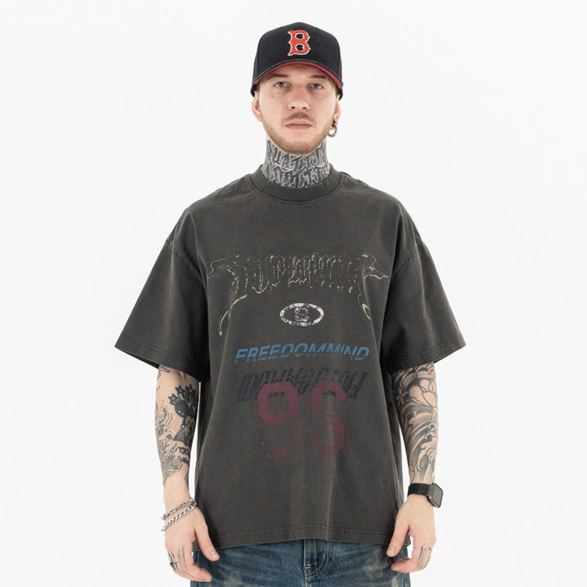 Vintage College Shirts Spring/Summer Vintage Digital 96 Printed Loose Short Sleeve T-Shirt