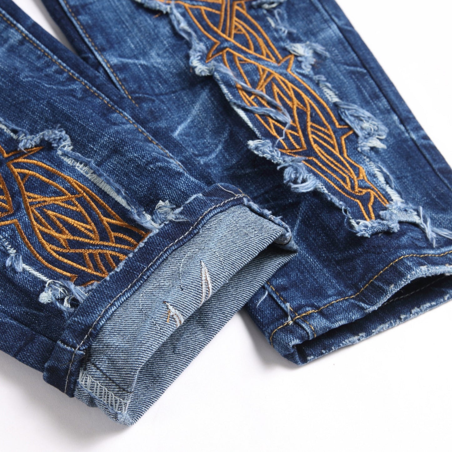 1990 Fashion Jeans Blue Ripped Embroidered Straight Jeans