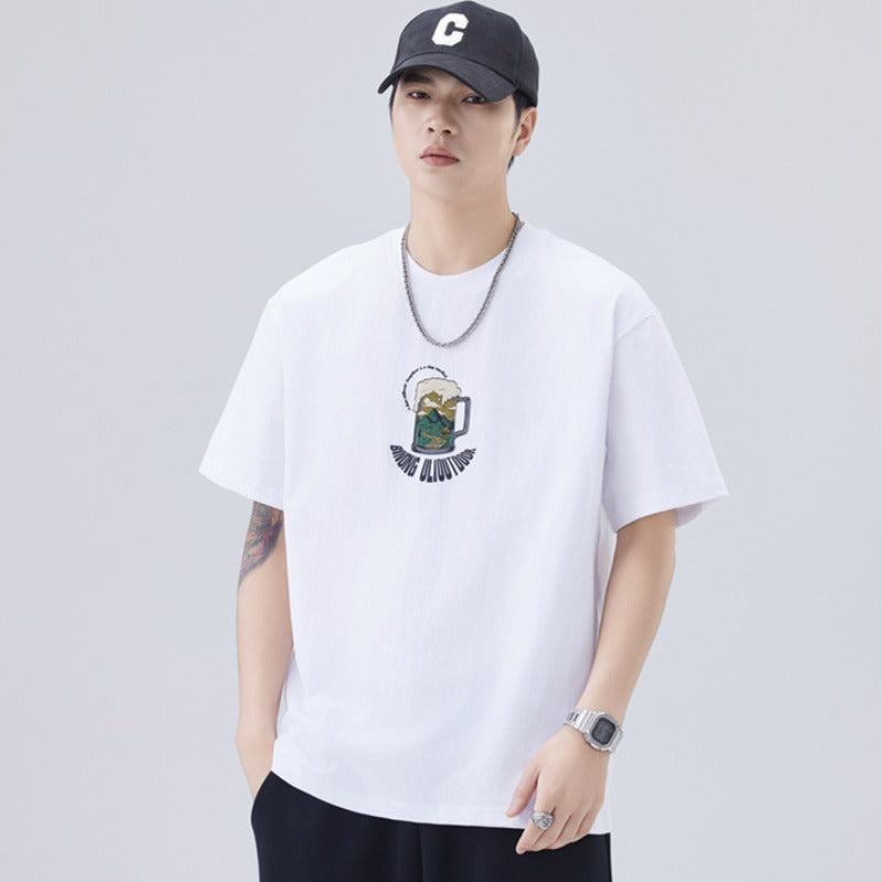 Men T-shirts Summer Loose Printed Bottom Shirt Short Sleeve
