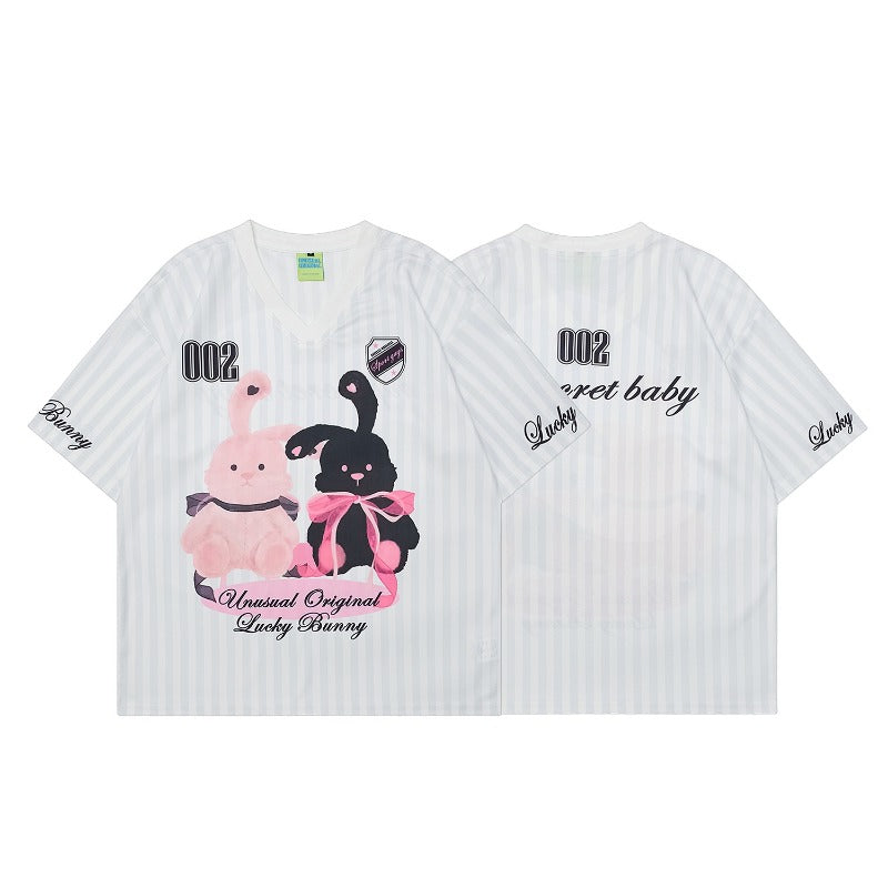 90s West Coast Hip Hop Fashion T Shirts Fun Rabbit Print Jersey Loose Sports Short Sleeve T-Shirt Men