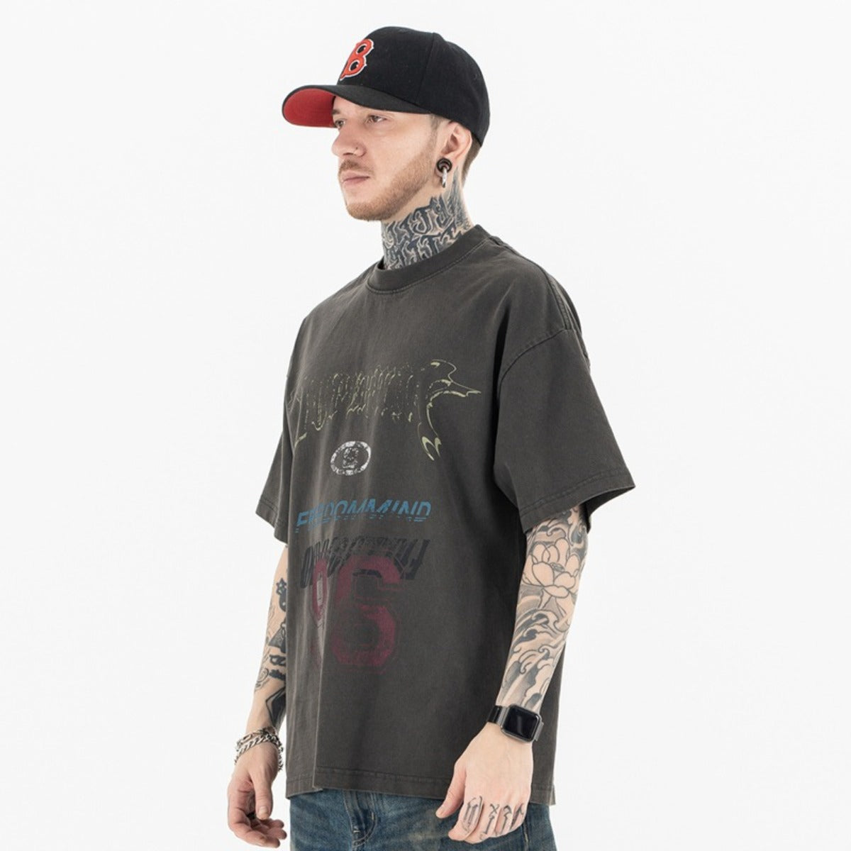Vintage College Shirts Spring/Summer Vintage Digital 96 Printed Loose Short Sleeve T-Shirt