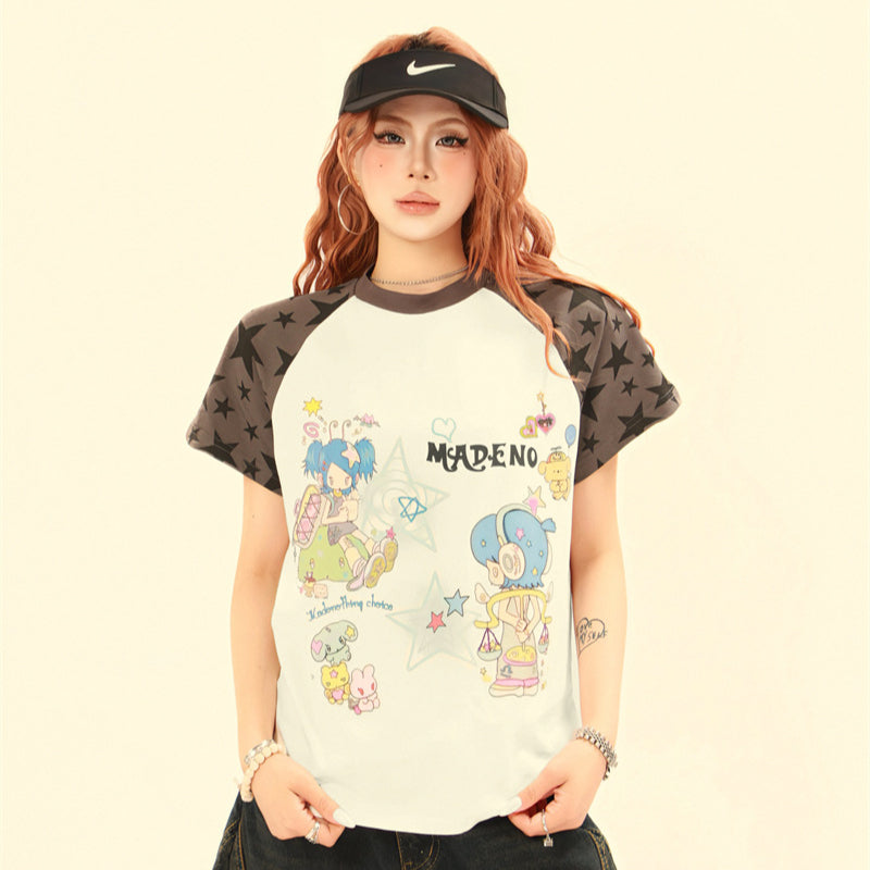 Hip Hop Shirts For Boys Vintage T-Shirt Summer Loose Cartoon Crew Neck Short Sleeve Top