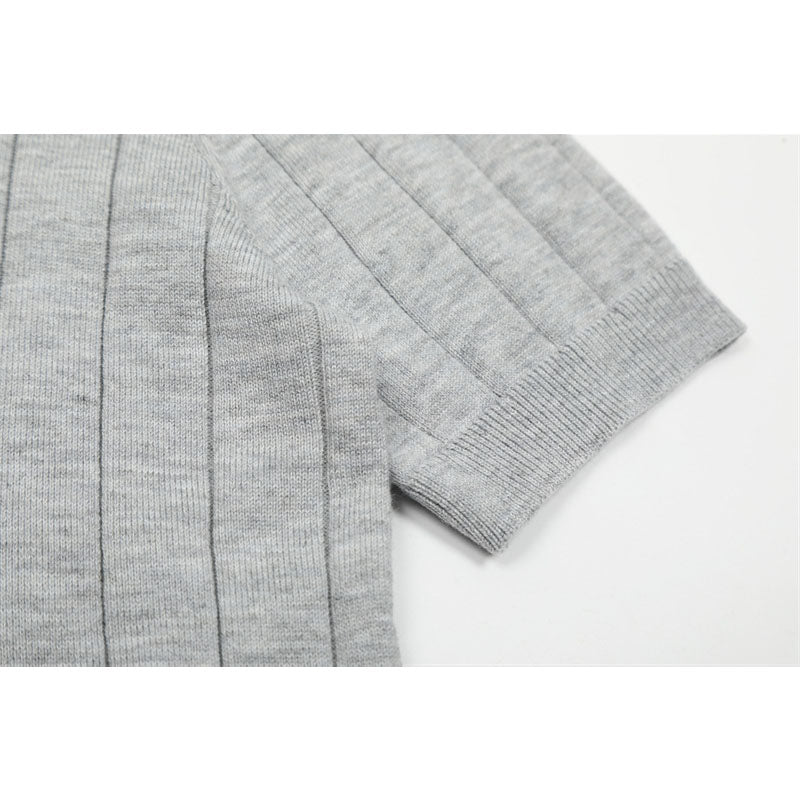 Casual Street Wear Vintage Striped Knitted Sweater V-Neck Short Sleeve POLO Shirt Top
