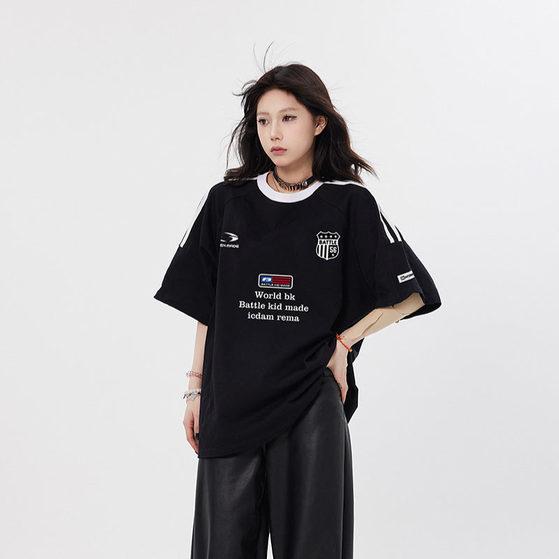Vintage T Shirts Hip Hop Letter Embroidered Webbing Short Sleeve T-Shirt