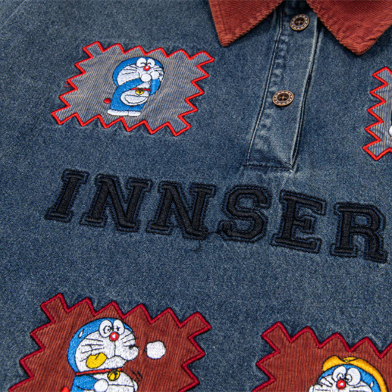 Y2K mens shirt retro cartoon lapel stitching embroidered polo shirt