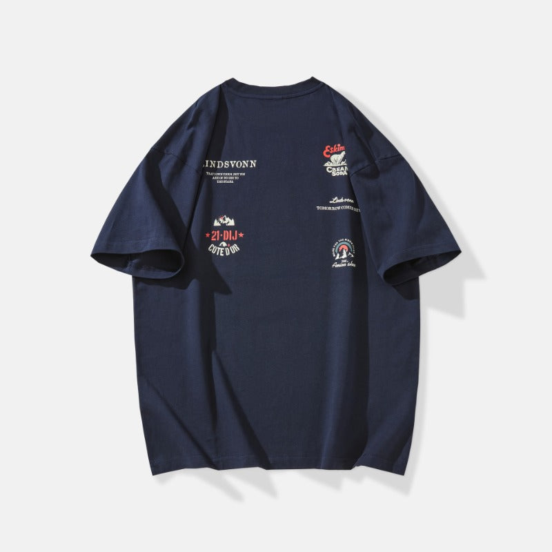 Mens T-shirts vintage print summer loose five-quarter sleeves