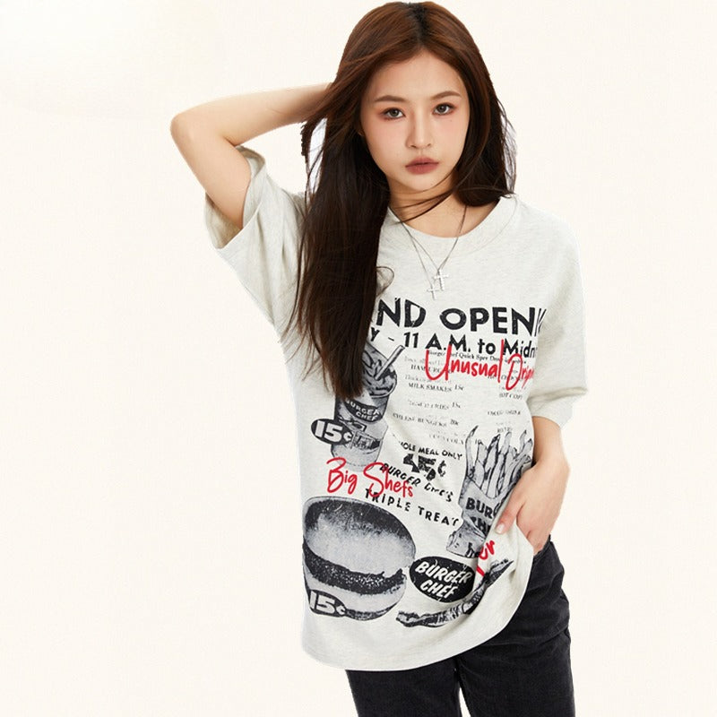 90s West Coast Hip Hop Fashion T Shirts Burger Fries Print Spring Summer Short Sleeve T-Shirt