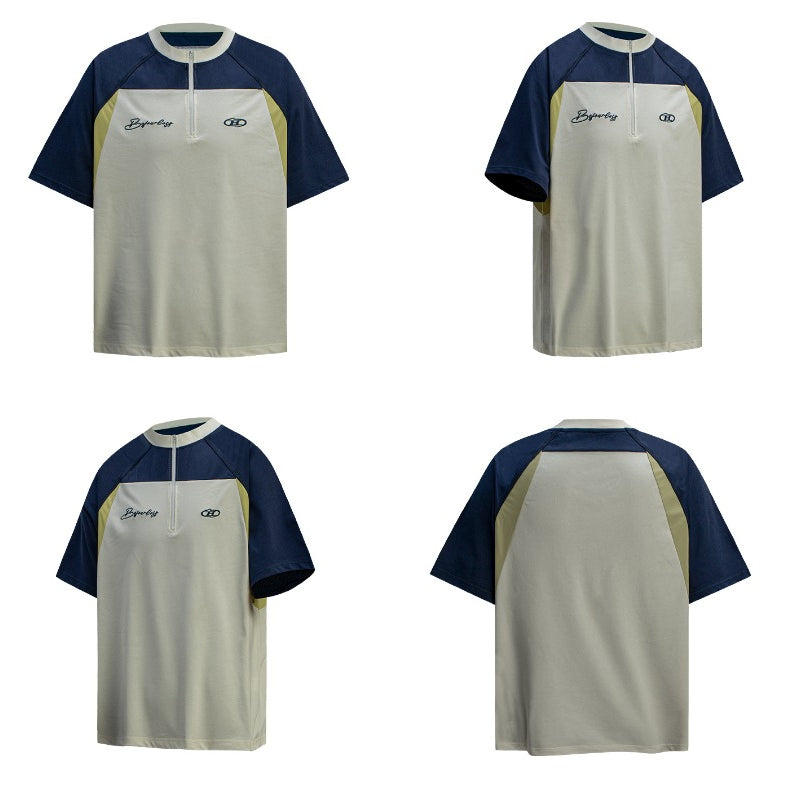 80s And 90s Vintage T Shirts Vintage Contrast Splicing Zipper Quick-Drying Short Sleeve T-Shirt