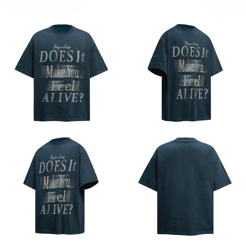 80s And 90s Vintage T-Shirts Pearl Letter Print Crew Neck Short Sleeve T-Shirt