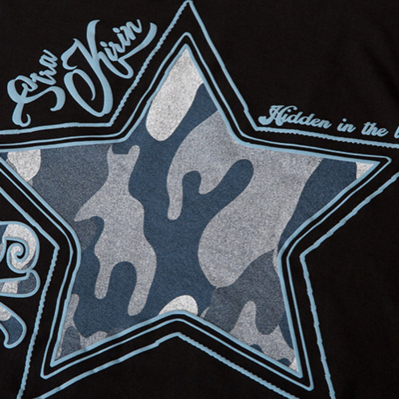 Vintage T Shirts Hip Hop Star Letter Foam Print Long Sleeve T-Shirt