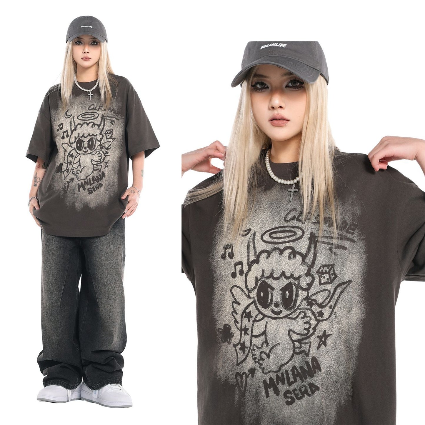 Unisex T-shirts Summer Cartoon Angel Men's Loose Crew Neck Short Sleeve T-Shirt