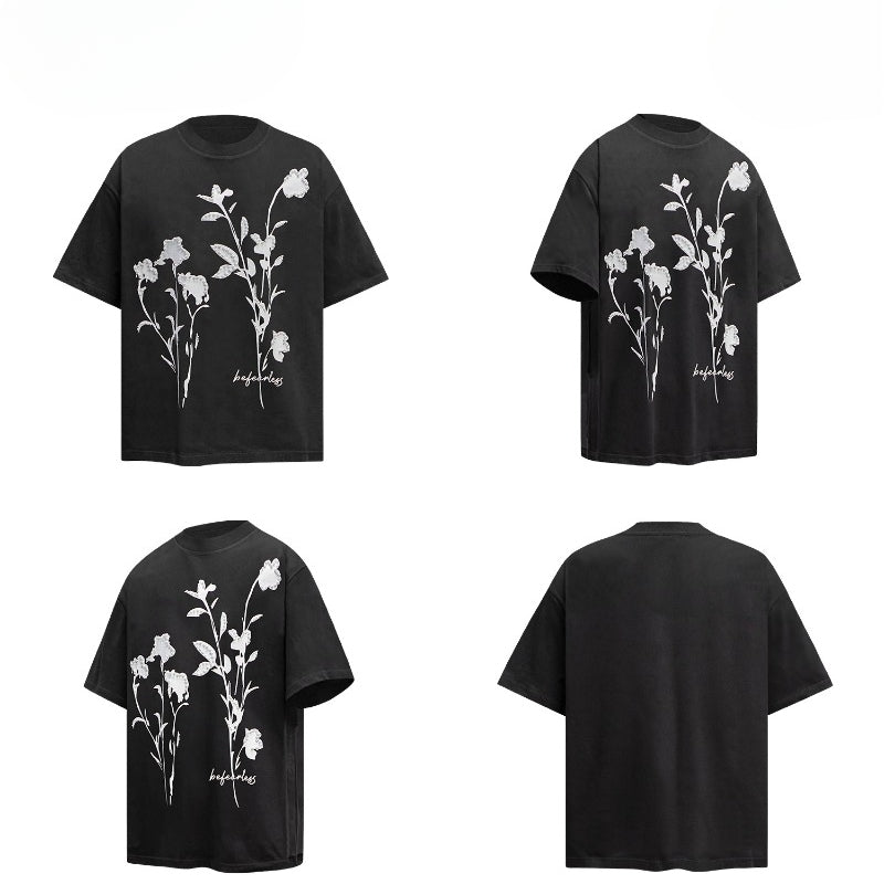 80s And 90s Vintage T Shirts Pearl Floral Print Crew Neck Short Sleeves